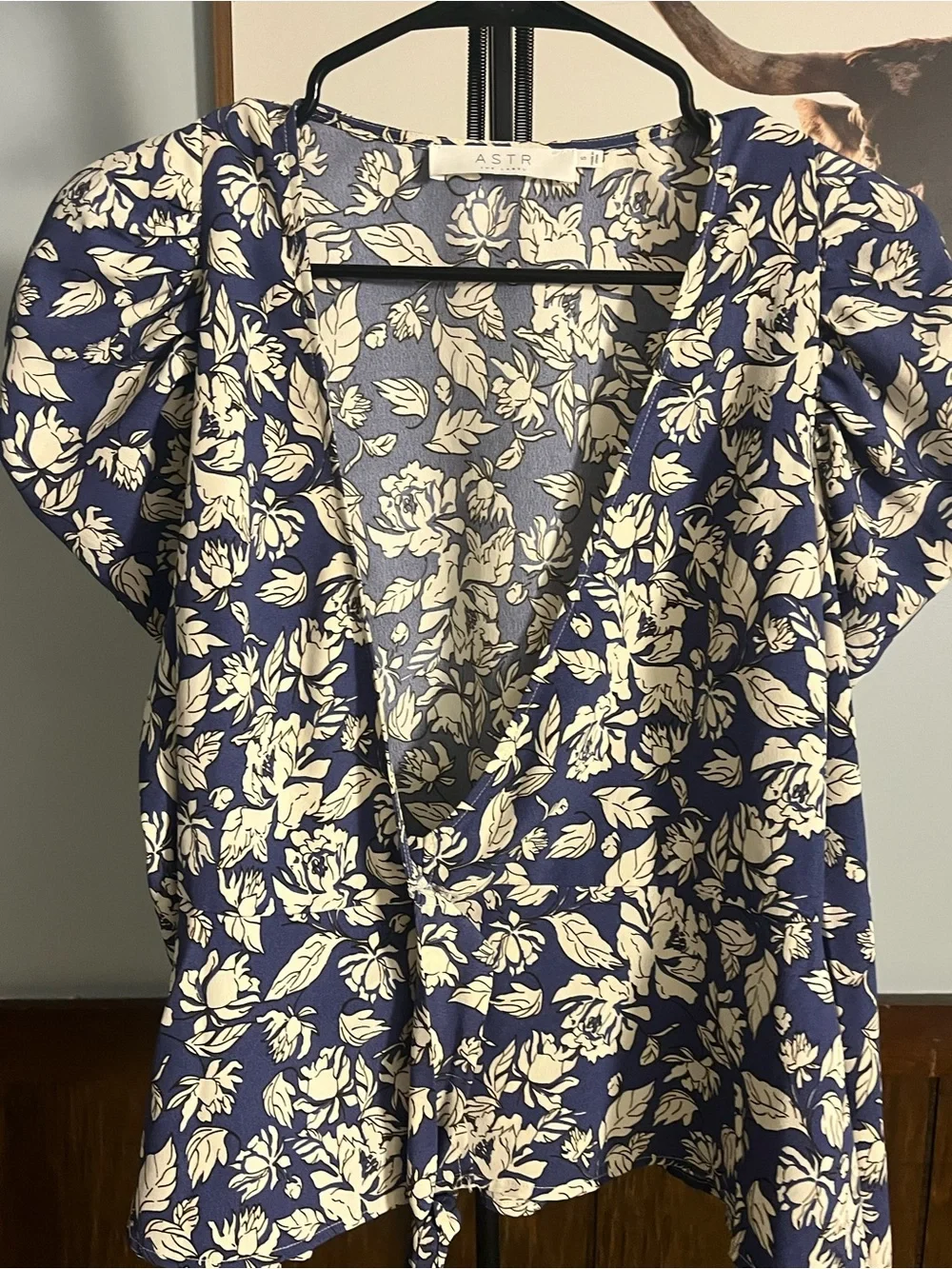 Astr Navy and Ivory Floral Tie-Front Puff Sleeve Top
